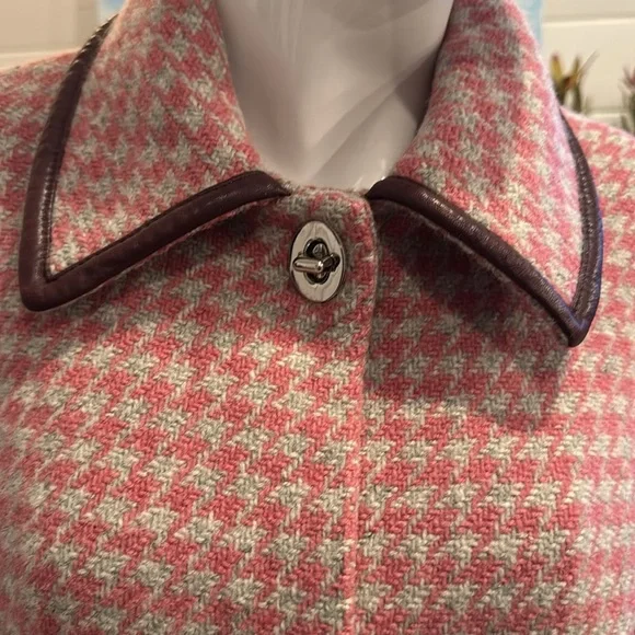Coach Leatherware Pink Houndstooth Wool & Leather Trim Coat Size Large - Picture 4 of 15